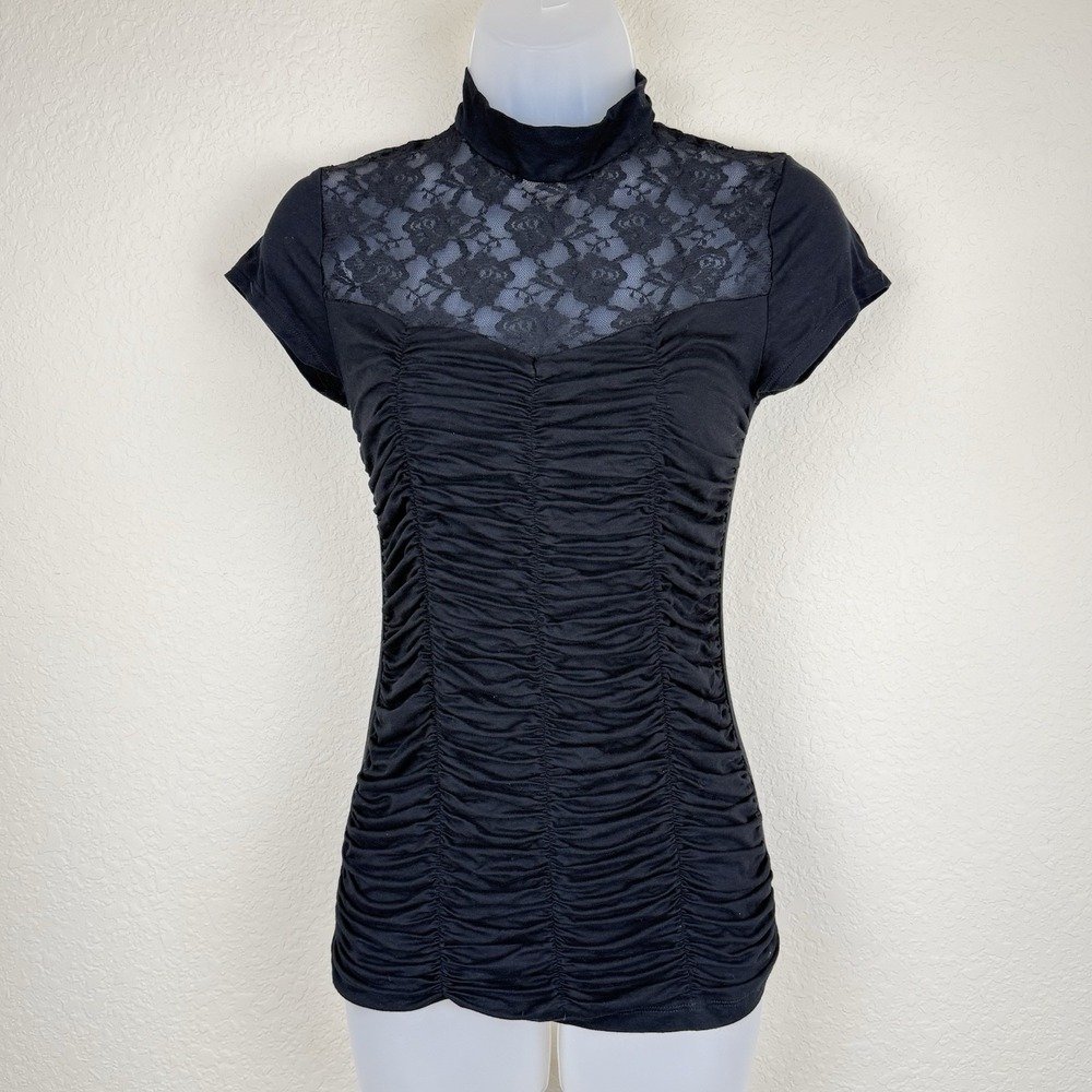 Vtg Forever 21 Lace Top M Black Sheer Mesh Floral Mock Neck Romantic Cottagecore